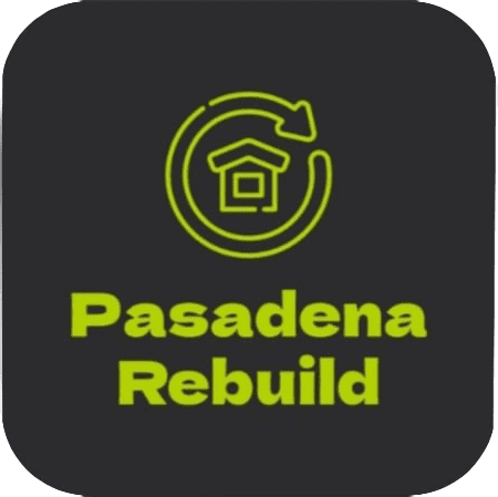 Green "Pasadena Rebuild" text beneath a house icon with a circular arrow on a dark background.